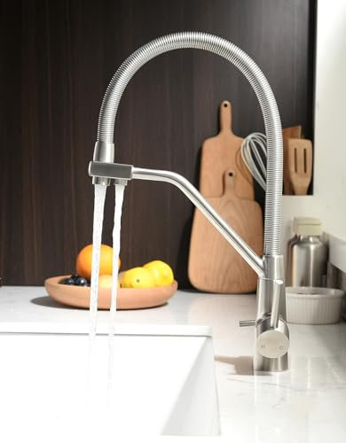TIMACO Rubinetto da cucina a 3 vie, girevole a 360°, con rubinetto 3 in 1 per filtro dell'acqua, rubinetto a molla a spirale con doppia leva, alta pressione