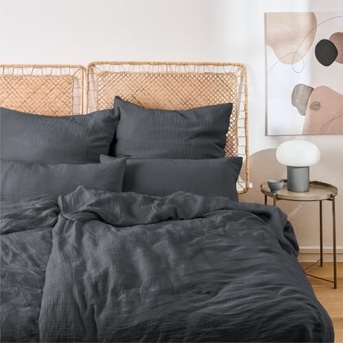 Blumtal Musselin Bettwäsche-Set 200x200 + 2x40x80 cm, Anthrazit | OEKO-TEX zertifiziert, aus 100% Baumwolle, extra weich und bei 40 °C waschbar – leichte Sommerbettwäsche.