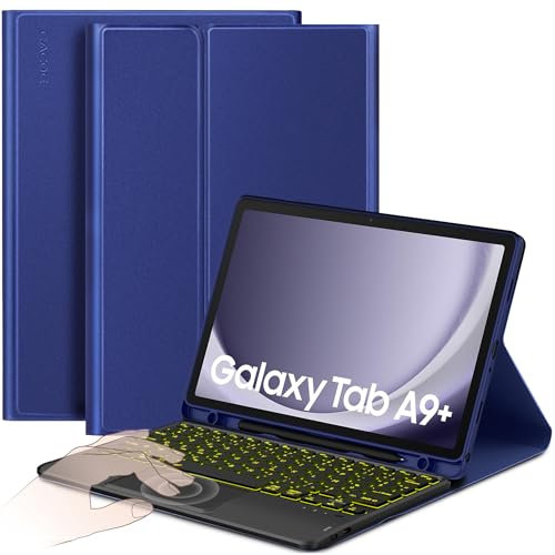 CACOE Étui Clavier Compatible avec Samsung Galaxy Tab А9 Plus 2023 11 Pouces avec Pavé Tactile, Éclairage 7 Couleurs Clavier AZERTY sans Fil Amovible, Bleu Nuit