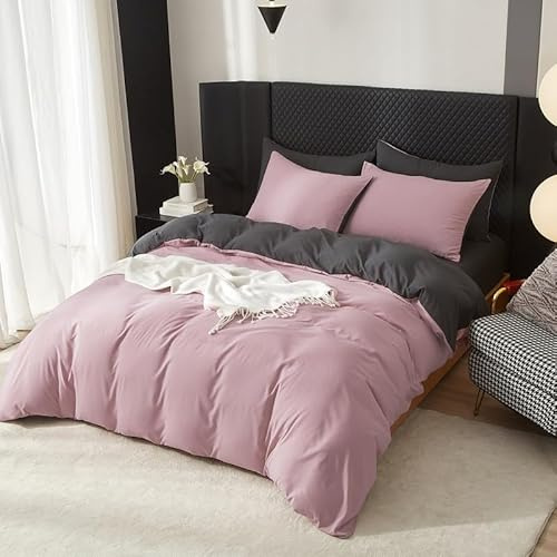 Nuoandy Housse de Couette Coton 140 x 200cm Rose Gris Parure de Lit Adulte 1 Personne Naturel Coton Moderne Doux Respirant Linge de Lit avec Fermeture Éclair avec 1 Taies d'oreiller 65x65