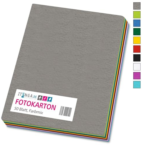 itenga farbiger Fotokarton 50 Blatt A4 300 g/qm² - Tonpapier Tonkarton Bastelpapier Bastelkarton Bogen durchgefärbt zum kreativen Gestalten und Basteln (farbig sortiert 10 Farben)