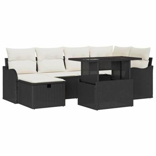 vidaXL Garten-Sofa-Set mit Kissen 7 pcs Schwarz Poly Rattan, Garten und Terrasse, modernes modulares Outdoor-Sofa-Set, verstellbare Füße, Poly-Rattan-Lounger, stylische Gartenmöbel