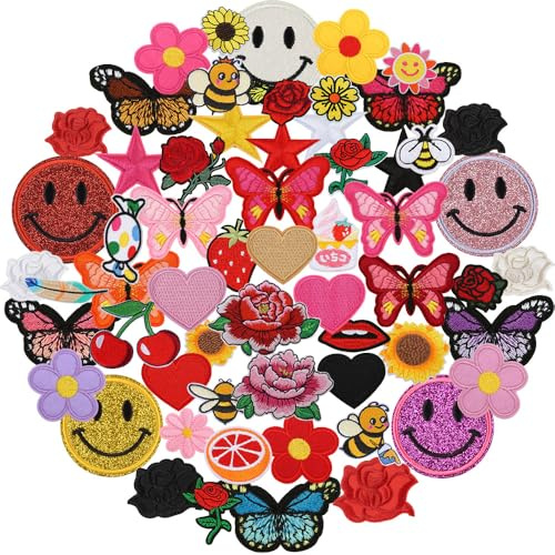 60 Stück Blumen und Schmetterling,Herz,Bienen Flicken Bügelbilder Patches zum Aufbügeln Bestickte Aufnäher für Aufnähen oder Aufbügeln auf Jeans,Rucksäcke,Jacken,T-Shirt,Kleidung,Kleid,Hut