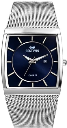 JewelryWe Herrenuhr Quadratische Leuchtende Uhr 3ATM Wasserdicht Kalender Analog Quarz Armbanduhr Herren Edelstahl Milanaise Mesh Armband Uhr mit Leuchtzeiger und Rechteckigem Zifferblatt