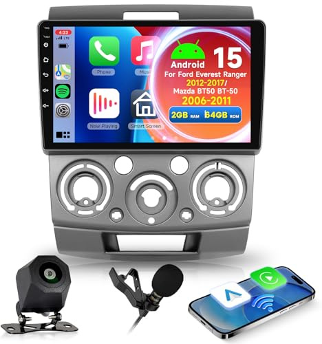 Hodozzy 2GB 64GB Android Autoradio per Ford Everest Ranger 2012-2017/Mazda BT50 BT-50 2006-2011 Wireless Carplay Android Auto, 9 Pollici Touchscreen Stereo GPS WiFi Bluetooth Radio FM/RDS Retromarcia