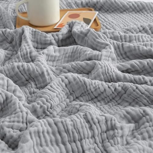 bechoanigel Musselin Decke 150x200 cm – 100% Baumwolle, 6-Lagige Weiche Sommerdecke, Atmungsaktive Dünne Kuscheldecke für Bett & Sofa, Tagesdecke Couch Überwurf (Hellgrau)