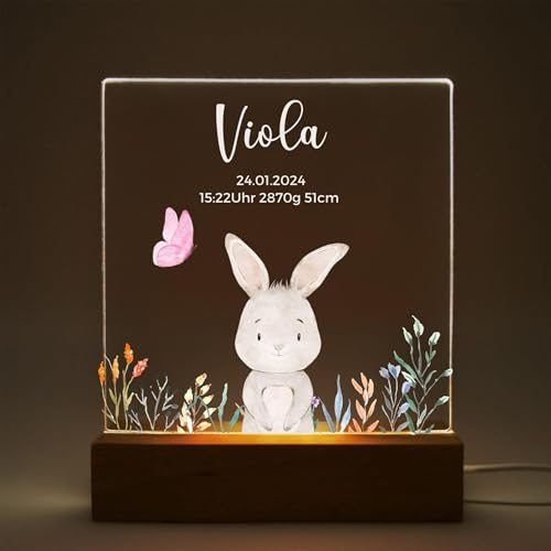 Mainely Nachtlicht Kinder personalisiert Linos Hase Blumenwiese – LED Nachtlicht Baby – Stilllicht – Lampe fürs Kinderzimmer – Personalisiertes Geschenk zur Geburt