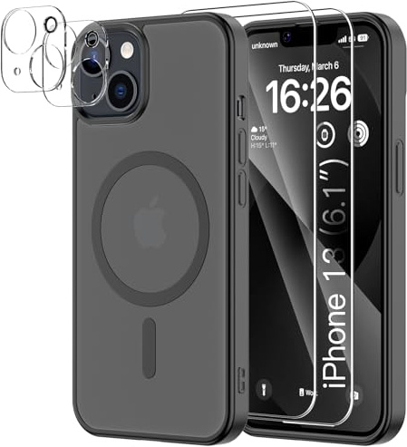 YNMEacc 5 in 1 Magnetic for iPhone 13 Case 6.1-Inch with 2X Screen Protector + 2X Lens Protector, [Compatible with MagSafe] Military-Grade Protection, Slim Shockproof Anti-Scratch Cover - Black