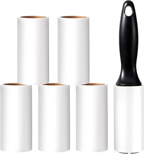 Vinabo Rouleau Poils Animaux, 1 Poignées + 6 Rouleaux Feuilles Adhésives, Rouleau Adhesif Vetement, Lint Roller pour VêTements, Cheveux, Canapé, Lit, Poils de Chat et Chien - 60/Rouleau (Lot de 5)