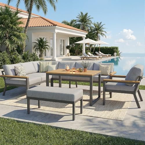 Lahoomu Achtpersonen L-förmiges Gartensofa-Set mit Holztisch，Wetterfeste Eckgarnitur aus Eisen， Inkl. Sessel, Bank & Holz-Arbeitsplatte，Mit Grauen Polstern
