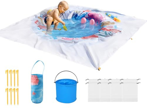Generico Piscine de plage portable - Tapis pliable étanche 2 x 2 m, zone de baignade de 48 cm, étui, seau de plage inclus | Piscine de jeux d'eau extérieure résistante