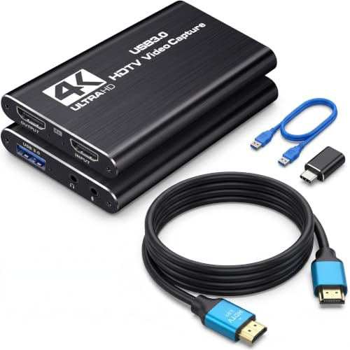 QGECEN Video Capture Card 1080P 60FPS, USB 3.0 HDMI Capture Card | 4K 60Hz Loop-Out, Mic & Headphone Ports, USB-C Adapter & Cables, Compatible with OBS, PS5, Switch, Mac & PC for Streaming