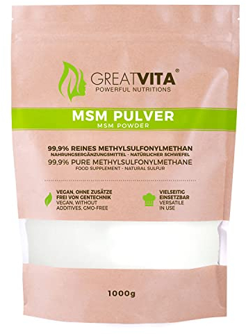 GreatVita MSM Pulver 1000g | 99,9% rein - Premium Qualität | Methylsulfonylmethan, organischer Schwefel ohne Zusätze