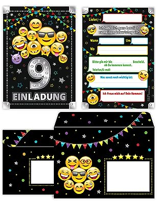 Junaversum 12 Einladungskarten incl. 12 Umschläge zum 9. Geburtstag Kinder neunte Kindergeburtstag