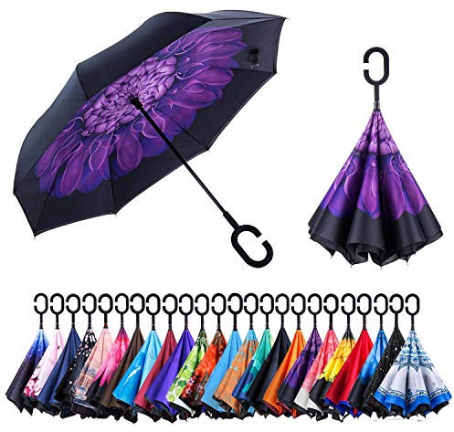 NNY Inc Parapluie double face coupe-vent et protecteur contre les UV - Pliable - Parapluie droit inversé pour hommes et femmes - Autoportant - Poignée en forme de C - pour golf/voitures (violettes)