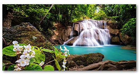 Tulup Glas-Bild Wandbild aus Glas - Wandkunst - Wandbild hinter gehärtetem Sicherheitsglas - Dekorative Wand für Küche & Wohnzimmer 120x60 - Landschaften - Wasserfall Thailand - Grün