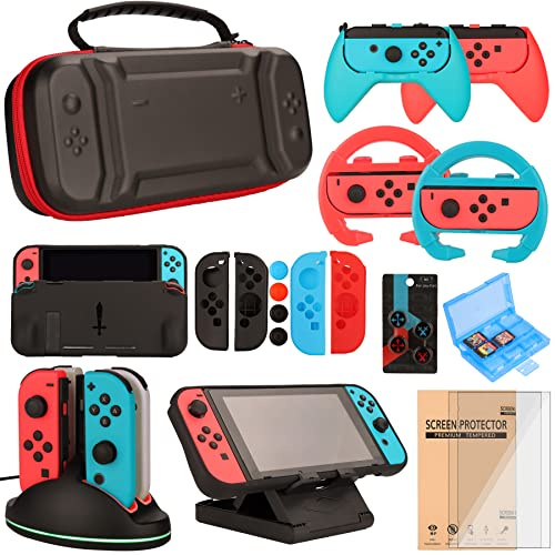 Switch - Bundle di accessori per videogiochi Nintendo Switch, kit con borsa per il trasporto, volante, protezione schermo, base di ricarica, maniglie, tappi (23 in 1)