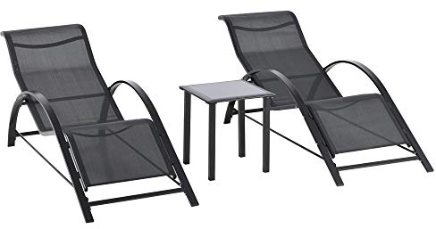 Outsunny Lot de 2 Bains de Soleil Chaise Longue Design Contemporain Table Basse Plateau Verre trempé métal époxy textilène Noir