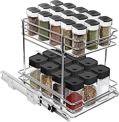 FONDUO Gewürzregal herausziehen Organizer mit Rutsche, Einziehbare Schrank Küche Ausziehbaren Schubladen, gewurzregal metall freien Haken und Schrauben (2 Schicht-28*13*26cm-M)