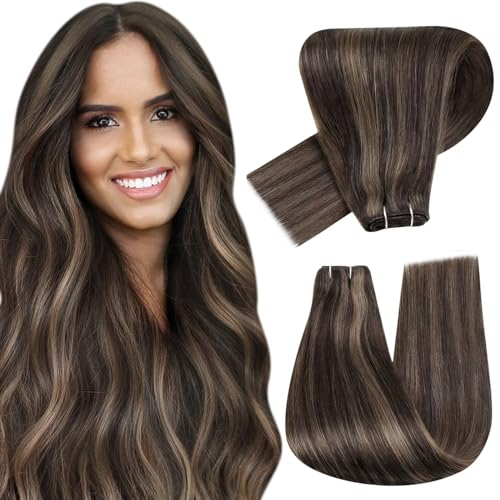 Hetto Weft Hair Extensions Real Human Hair Darkest Brown with Light Brown Sew in Weft Human Hair Brown 16 Inch 80g/Pack #2/8