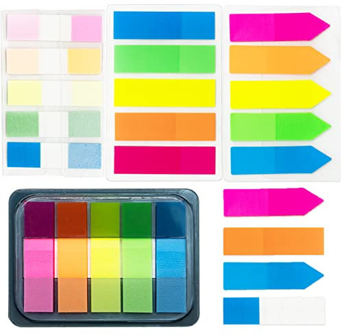 400pcs Neon Index Tabs, 5 Bright Colors Translucent Index Flags PET Sticky Notes Flags Sticky Tabs Page Makers for Page Bookmarks, Square and Arrow