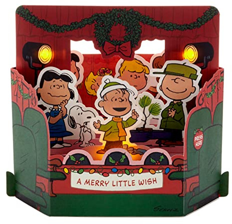 Hallmark Christmas Card, Peanuts Gang, Musical, Light Up, 3D Pop Up, Red | Features 3D Pop-out Design, Plays Peanuts Voices, Lights Up, 16x18x11cm, Red Envelope
