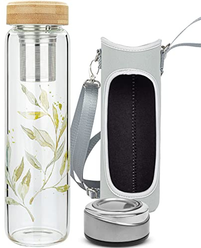 Reeho 32 oz Glass Tea Tumbler with Strainer, Tea Infuser Borosilicate Glass Water Bottle with Bamboo Lid and Sleeve for Hot or Cold Drinks, Loose Tea, Fruit