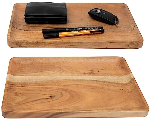 Plogis Bandeja rectangular de madera de acacia – Juego de 2 bandejas de madera de 30x20 cm, bandeja decorativa rectangular y bandeja, bandeja de escritorio/cuenco decorativo
