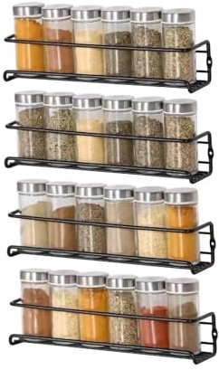Buckingham 4 Tier Black Wall Mounted Spice Rack, Cupboard Organiser for Kitchen Storage, Bathroom Storage & Pantry Shelf Spices & Condiments Holder with Adhesive Stickers & Screws (4 Tier)