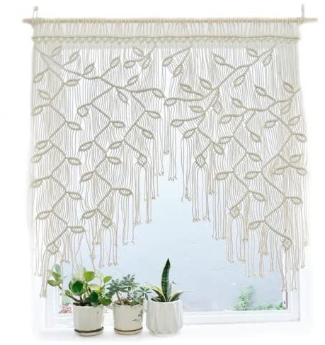 Macrame Curtain, Macrame Sliding Curtains Boho Woven Leaves Short Country Style Bistro Curtains Wall Hanging Macrame Door Curtain Short Curtain for Living Room Balcony Door