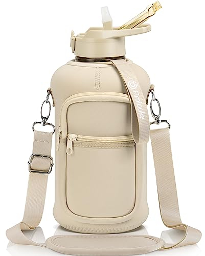 Fimibuke Wasserflasche mit Hülse, 1,8 l, mit Griff und Strohhalm, auslaufsicher, motivierende Sport-Wasserflasche mit Zeitmarkierung, BPA-frei, mit Neoprenhalterung, Sandbeige