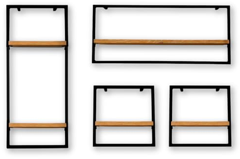 holz4home® 4-teiliges Wandregal Set I Eichenholz Schwarz gerahmt I Ohne Baumkante, Natur geölt I Inkl. Befestigungen aus Stahl für Schweberegal Industrial Flair