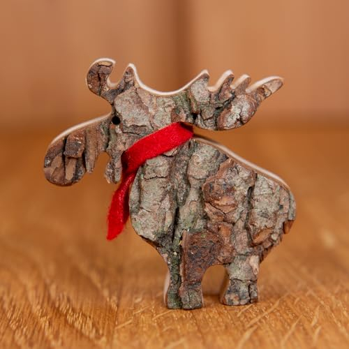 Staboos Deko Rindenelch mit Schal 60 mm Figuren - Elch Deko aus nachhaltigem europäischen Holz - Einzigartige Deko Elch in Geschenkverpackung - Süße Holzelch