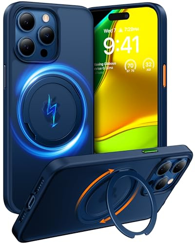 TORRAS Ostand R Series iPhone 15 Pro Case Shockproof with Stand [Military-Grade Protection] [360° Rotatable Magnetic Ring] Slim Phone Case for iPhone 15 Pro Cover Blue Matte