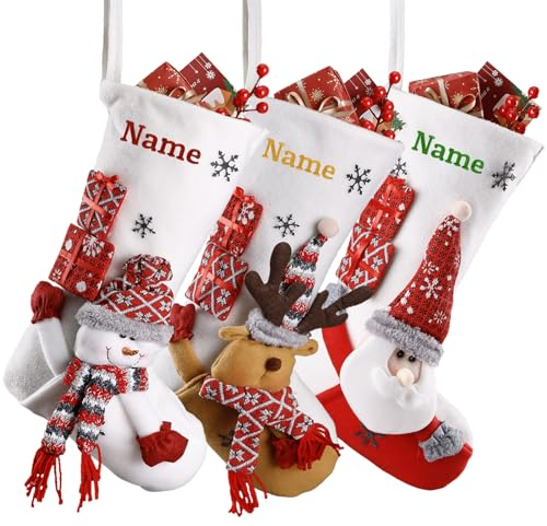 iDIY Personalisierte Weihnachtsstrumpf mit Namen - 3 Stück, Nikolausstrumpf Personalisiert aus Plüsch mit Buchstaben, 3D Weihnachtsmann, Rentier, Schneemann