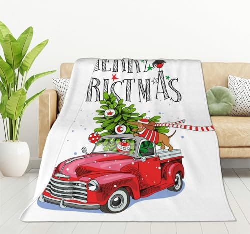 HGOD DESIGNS Decke, roter Retro-LKW mit einem Tannenbaum, Geschenke und dem Dackel in einem Schal, Dekordecken, weich, warm, Überwurf für Frauen und Mädchen, Geburtstag, Zuhause, Wohnzimmer,