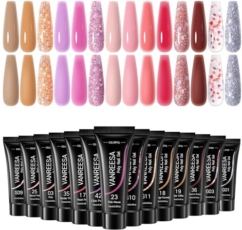 Poly Nail Gel Kit, VANREESA 14 Colours Poly Nail Gel Kit Builder Nail Extension Gel Nail Kit Classic Colours Pink Purple Brown Glitter Gifts for Women