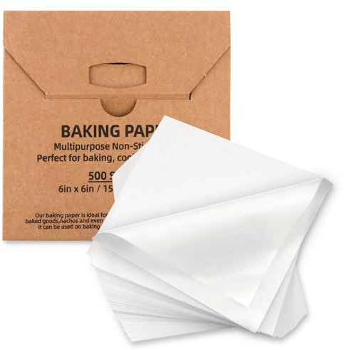 Tikxlafe 500 Stück Pergamentpapier-Backbleche, 15,2 x 15,2 cm, vorgeschnittene, antihaftbeschichtete Backpapierbögen, Brötchenblech, Pfanneneinlagen, Backen, Grillen, Luftfritteuse, Dampfgaren, Brot,