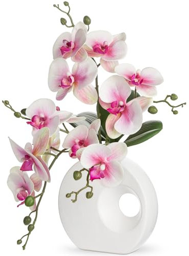 Oairse Artificial Orchid Plant in Ceramic Pot 15.7 Realistic Faux Orchid Flowers for Indoor Decoration Silk Pink Orchid in White Vase for Centerpiece Home Office Living Room Wedding Table Décor