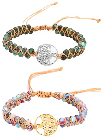 Hinvan 2 Pezzi Bracciale Albero Della Vita Braccialetto Corda Donna Intrecciata Bracciale Yoga da Donna Perline Braccialetto Argento Bracciali con Pietra Braccialetti Perline Oro Bracciale per Donna