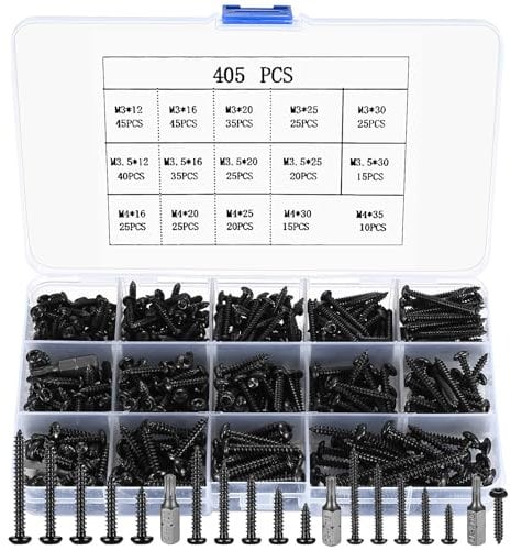 405 Pièces Noir Vis à Tête Cylindrique Ronde, Vis à Bois à Tête Torx M3/M3.5/M4, Visser Autotaraudeuses en Acier au carbone, Kit Assortiment Visser à Tête Ronde Autoperceuses, avec 3 Embouts