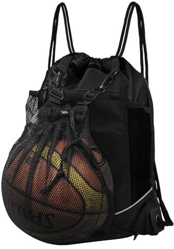 Dokeno Mochila Deportiva con Cordón para Baloncesto, Bolsa de Fútbol, Bolsa de Cordón Deportivo, Bolsa de Gimnasio con Bolsillo de Red para Pelotas, Bolsa para Deporte, Fitness, Niños (Negro)