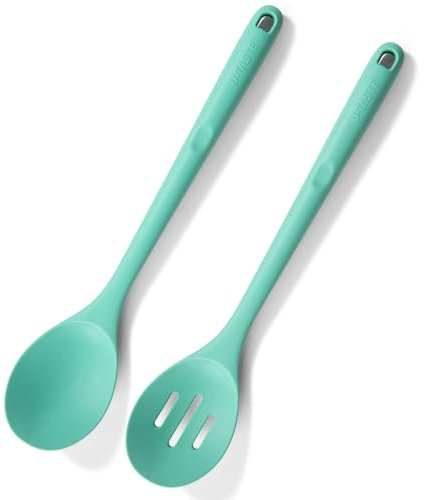 U-Taste 33,9 cm extra langer Silikon Löffel, 315℃ Hitzebeständiger BPA-freier Kochlöffel, antihaftbeschichteter massive und geschlitzter Servierlöffel zum Mischen Rühren Schöpfen (Aqua Sky)