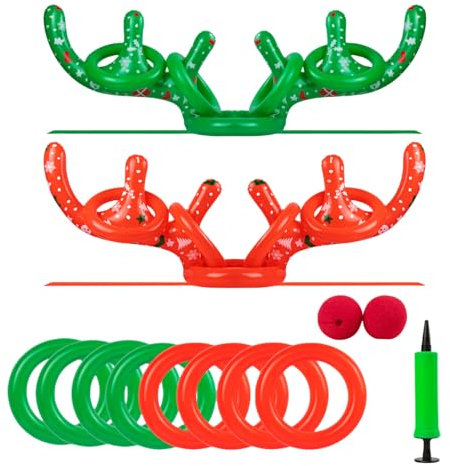 WOFEU 2 Satz aufblasbares Rentiergeweih Ring Toss Spiel mit 1 Hand-Pumpe, 2024 Weihnachten Spiele Ring Toss für Weihnachten Party Spiele, große Familie Weihnachtsfeier Spiele