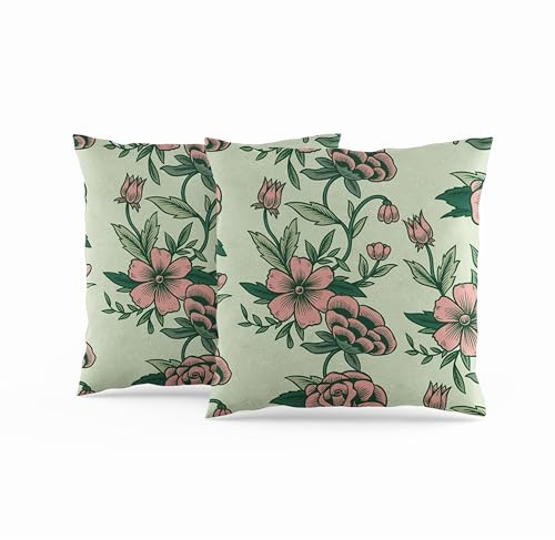 ggaimwf Kissenbezug mit Blumenmotiv 50x50cm Ästhetische Blumenkissen Vintage Grün Rosa Kissenhülle 2er-Pack Kissen im Landhausstil für Sofa Wohnzimmer Schlafzimmer Garten Terrasse doppelseitig