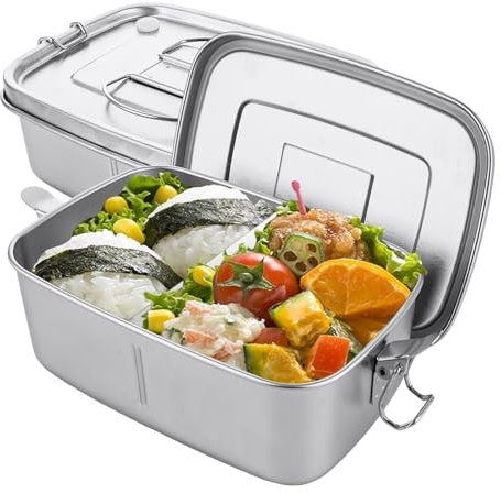 WOPPLXY 2 PCS Large Stainless Steel Lunch Box, 1.1L Leak Proof Metal Bento Box with Compartment, Lock Clip Food Sandwich Salad Storage Metal Lunch Boxes for Adults