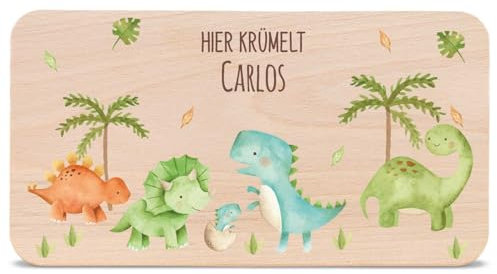 GRAVURZEILE - Bedrucktes Frühstücksbrettchen aus Holz - Dino - Personalisiert mit Namen - Lebensmittelechter umweltfreundlich zertifizierter Druck (GreenGuard Gold) - Farbe: Dino