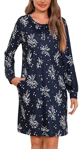 Jahetuul Chemise de Nuit Femme à Manches Longue avec Bouton Nuisette Coton avec Poches Robe de Nuit Femme avec Motif Étoilé