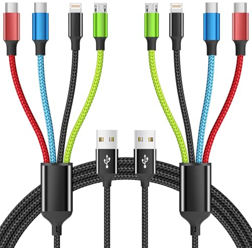 Firsting Cruise Essentials 2026 4 in 1 Multi Charging Cable [2Pack 5FT], Tangle Free USB C Car Charger Cable Nylon Braided with 2 USB-C/IP/Micro, Travel Charging Cords for iPhone Android iPad and More