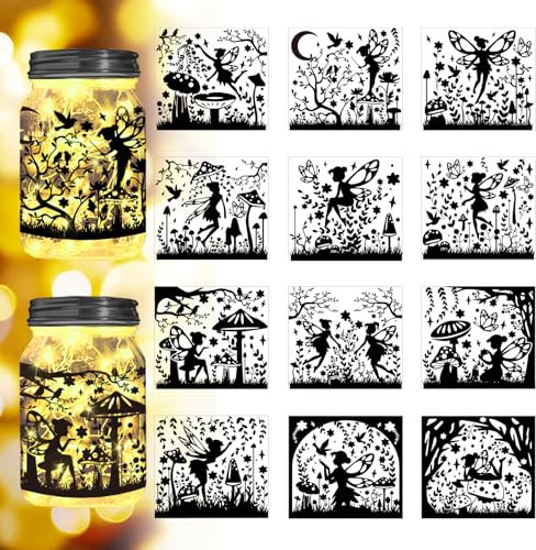 Peacoblue Flower Fairy Silhouette Stickers Cutouts for Jars, Mason Can, Glass, Wishing Bottle Decor(No Stickers), 12Pcs Reusable Silhouette Lantern DIY Craft Kit Jar Decals Art Mural Garden Home Decor